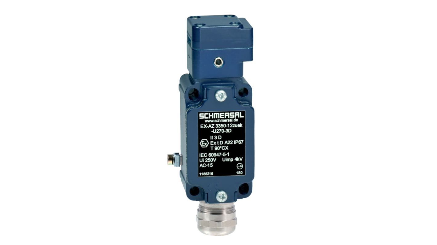 Interruttore di interblocco di sicurezza Schmersal EX-AZ3350-12ZUEK-U270-3D, dimensioni 40,5 mm x 114 mm x 38 mm, con 2 contatti di sicurezza e maniglia di blocco.
