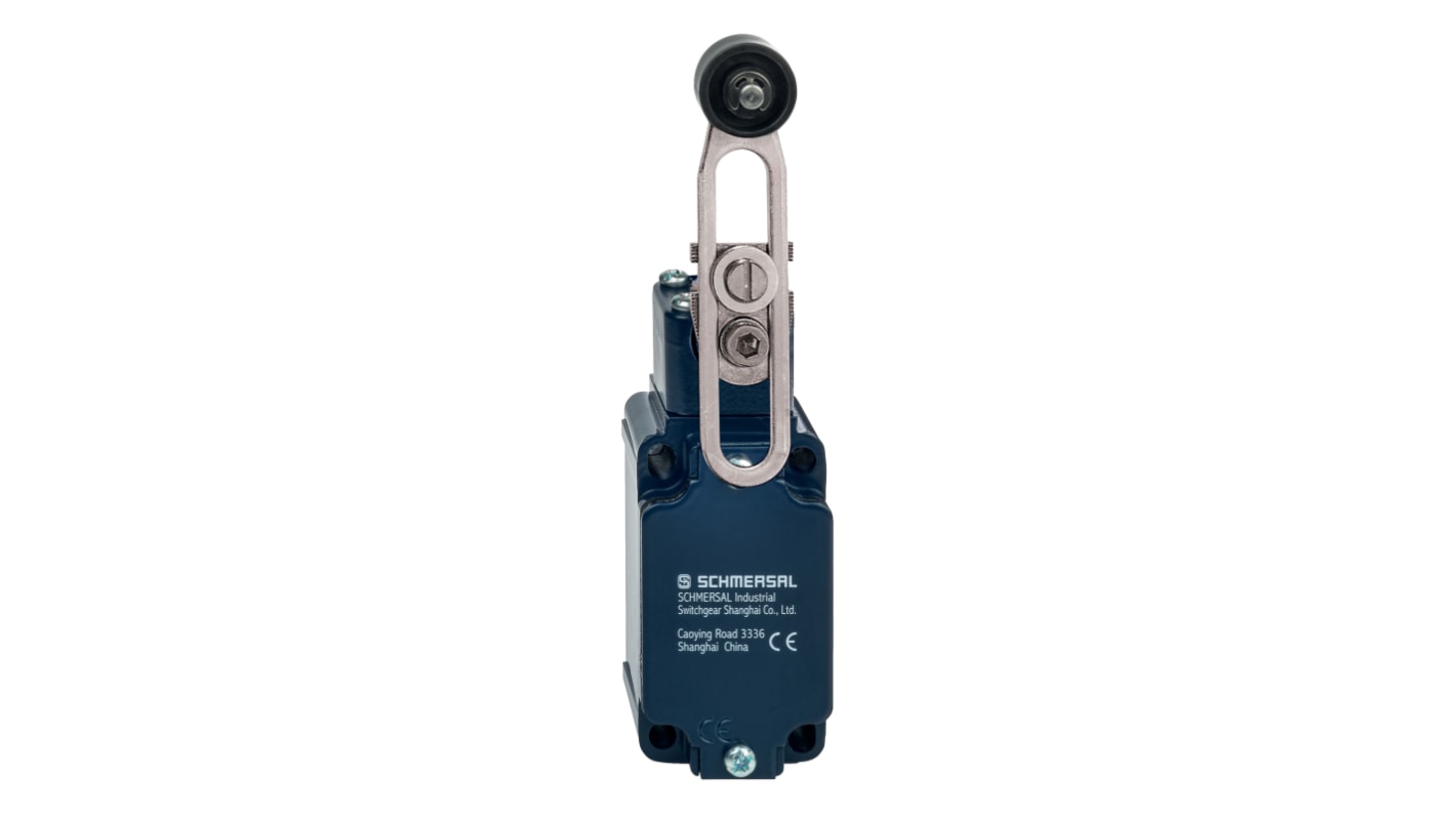 Interruttore di interblocco di sicurezza Schmersal EX-T4V7H, leva a rullo, 230V, IP65, custodia in alluminio, dimensioni 40,5x76x38 mm.