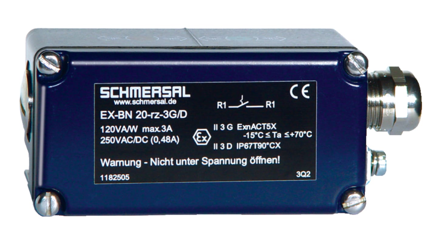 Sensore di prossimità magnetico rettangolare Schmersal EX-BN 20-20Z-3G/D, contatto reed 2 NO, corrente 3A, tensione 250V, protezione antiesplosione.