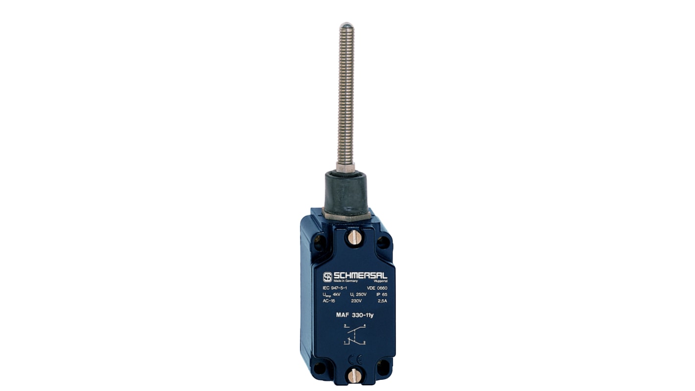 Interruttore di interblocco di sicurezza Schmersal EX-MAF 330-11Y-3D, 1NA/1NC, IP65, 230V ca, con asta a molla leva.