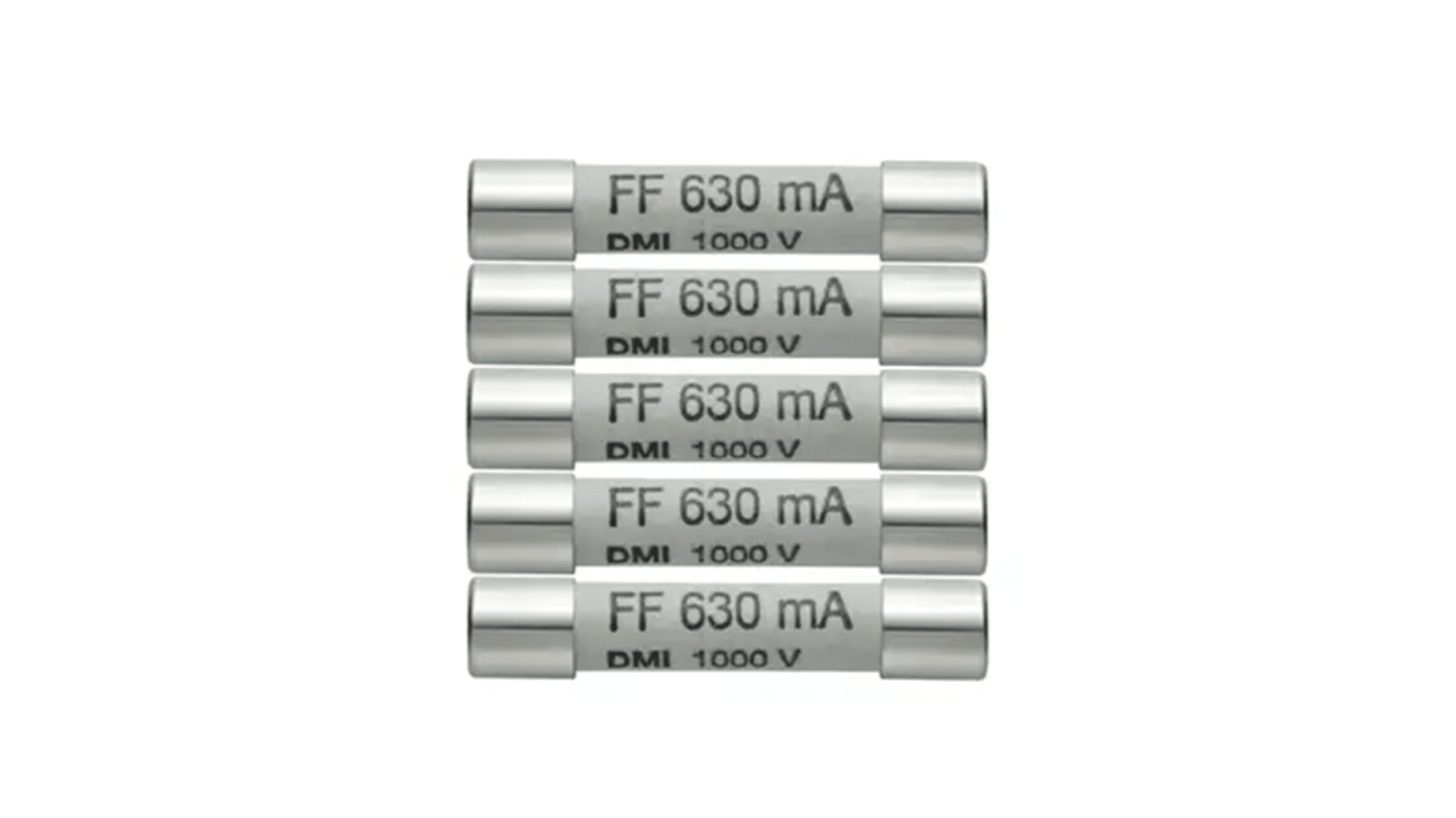 Fusibile a cartuccia Testo 0590 0006, 630 mA, 1 kV, per protezione da sovraccarico, dimensioni 32 mm x 6 mm, peso 12 g.