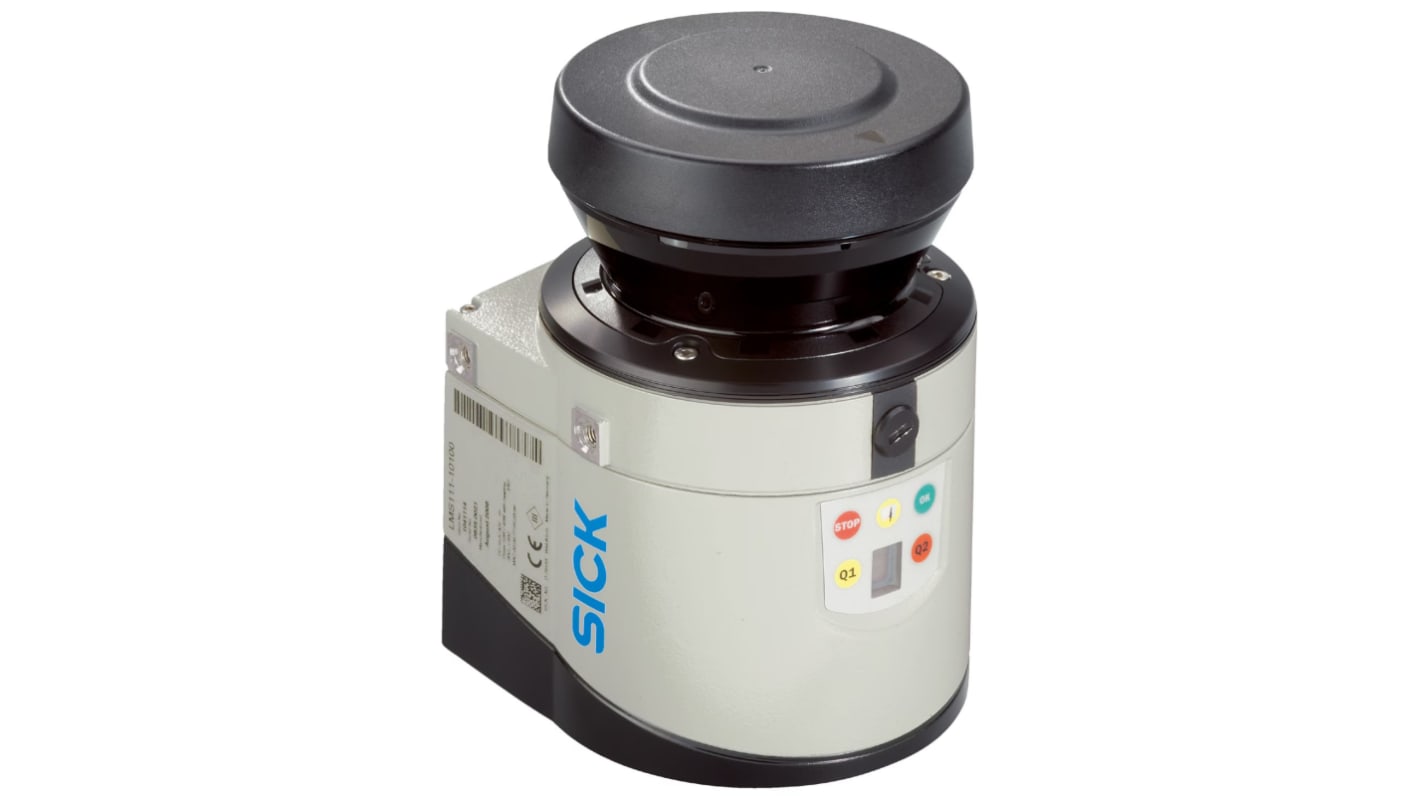 Sick LMS111-10100, scanner laser di sicurezza LIDAR 2D, campo 0,5-20 m, custodia IP67, dimensioni 105 x 102 x 162 mm.