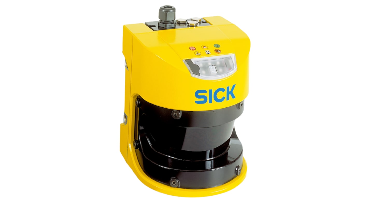Laser scanner di sicurezza Sick S30A-7011GB, sensore LIDAR con campo di 7 metri e angolo di scansione di 190°. Dimensioni 155 x 185 x 160 mm.