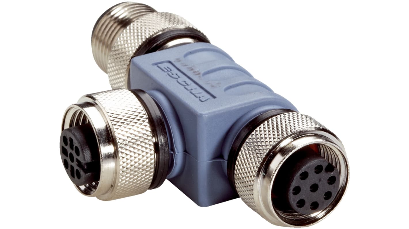 Connettore a T Sick SBO-02F12-SM1 per sensori, femmina a 5 e 8 pin, maschio a 8 pin, temperatura operativa -30/+90 °C.