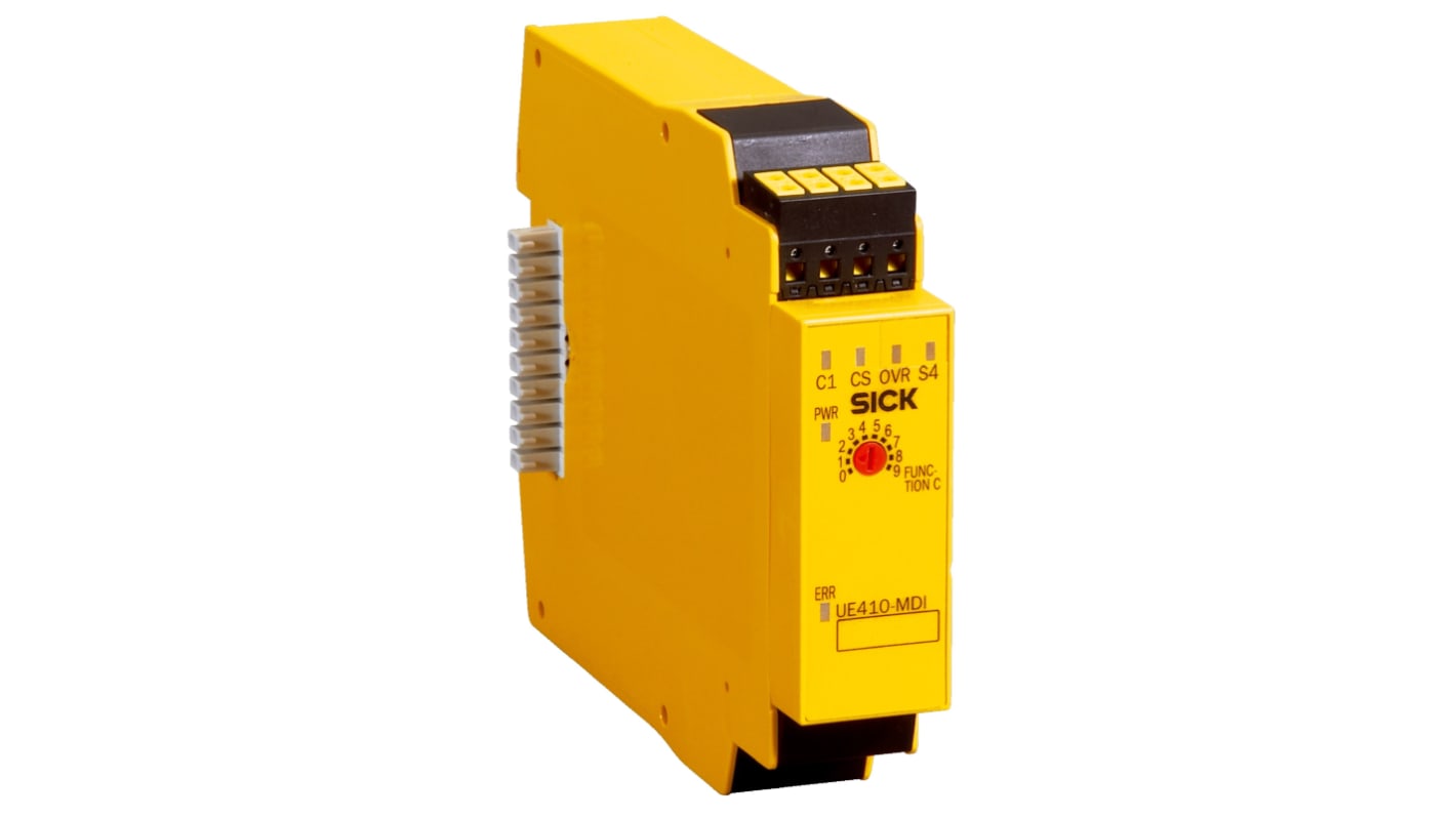 Controller di sicurezza Sick UE410-MDI4, modulare, 3 ingressi/uscite, IP40, 22,5 x 96,5 x 120,8 mm, compatibile con Flexi Loop.