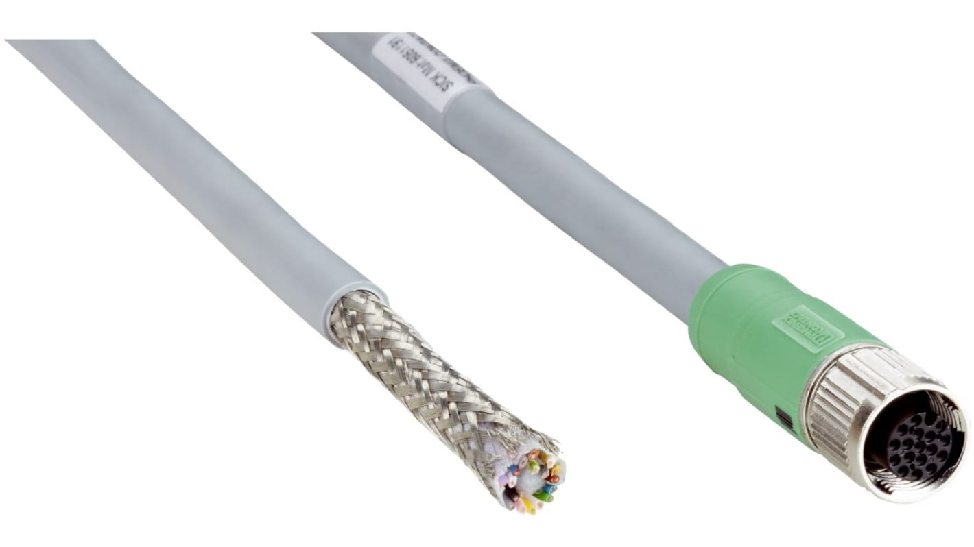 Cavo Sick YF2ASD-050XXXXLECX con connettore M12 femmina a 17 pin, lunghezza 5 metri, per sensori, schermato e resistente a temperature da -40 a +80 gradi Celsius.
