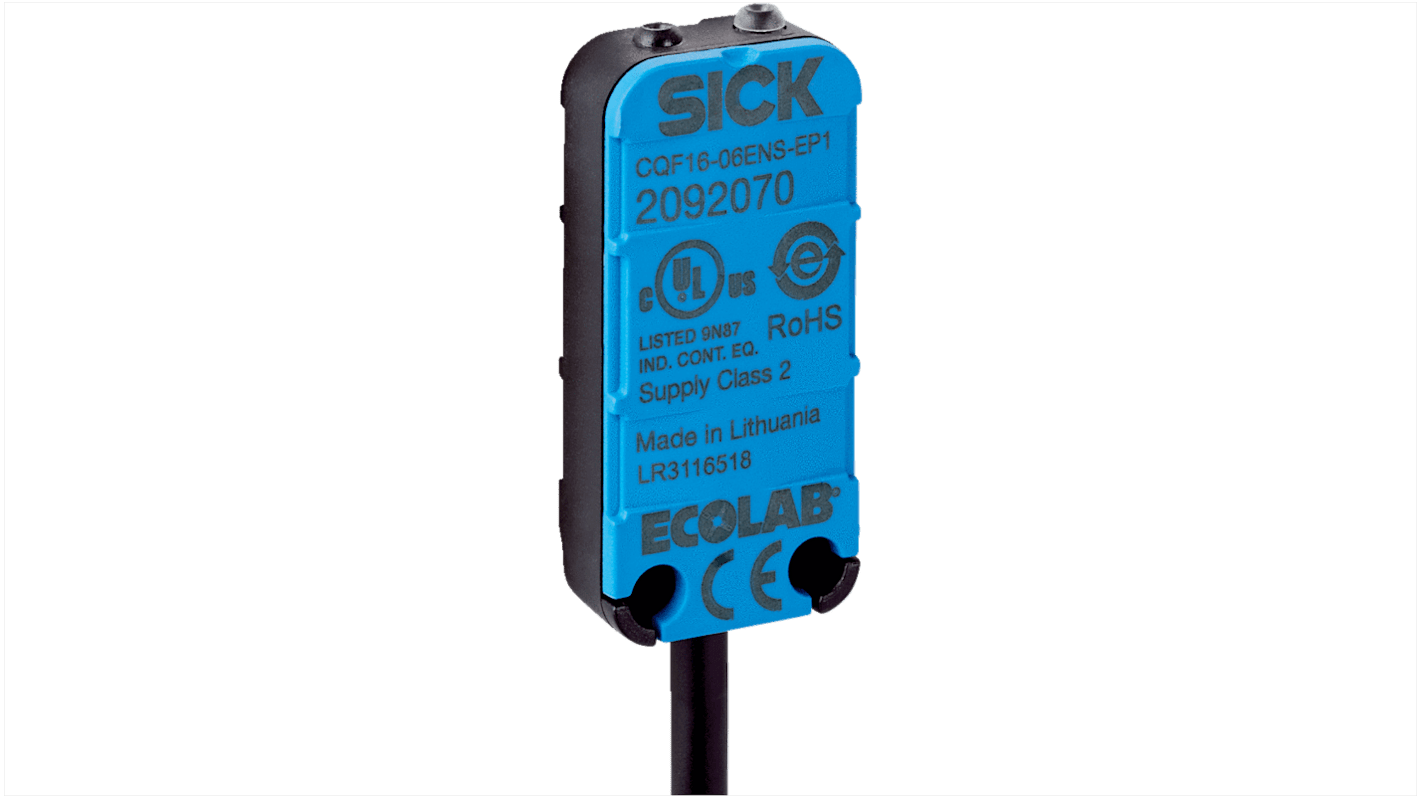 Sensore capacitivo rettangolare Sick CQF16-06ENOEW1, uscita NPN, rilevamento 0,5-6 mm, IP67/IP68/IP69K, montaggio a filo.