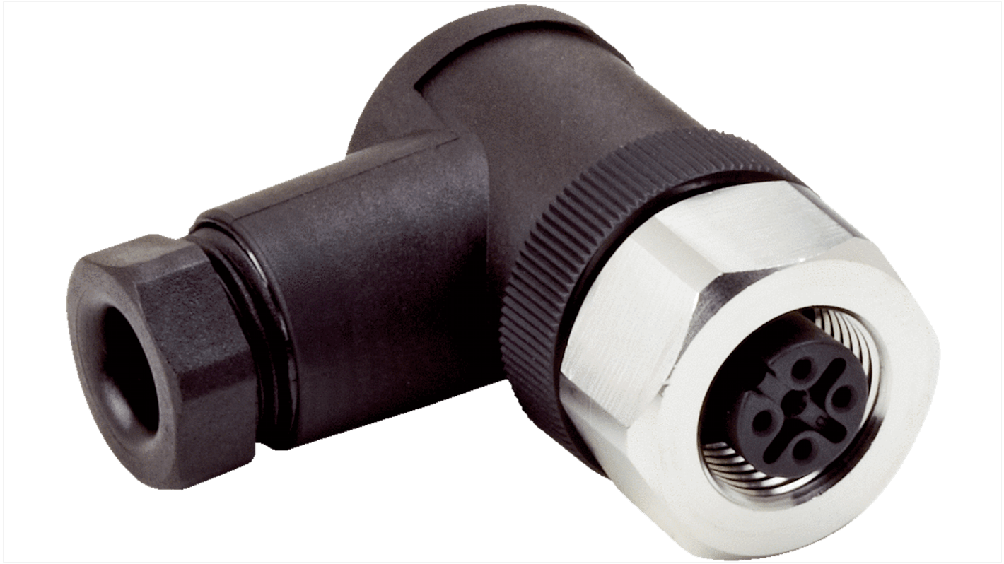 Connettore di potenza femmina M12 angolato SICK, montaggio su cavo, corrente 4A, tensione 250 V, grado di protezione IP67/IP69K.