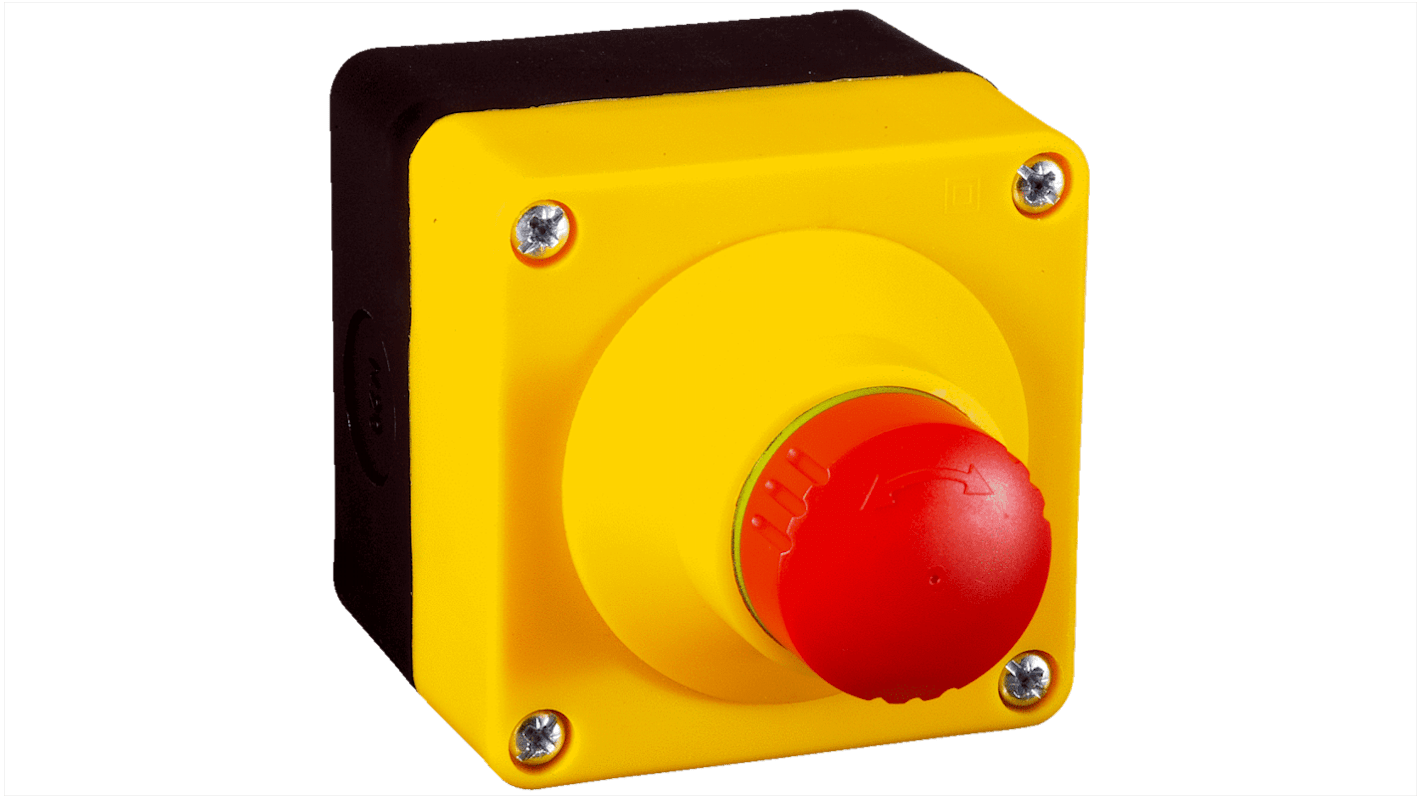 Pulsante di arresto di emergenza Sick ES21-SA10E1, rotondo, rosso, montaggio superficiale, protezione IP65, dimensioni 41.5mm x 61.5mm.
