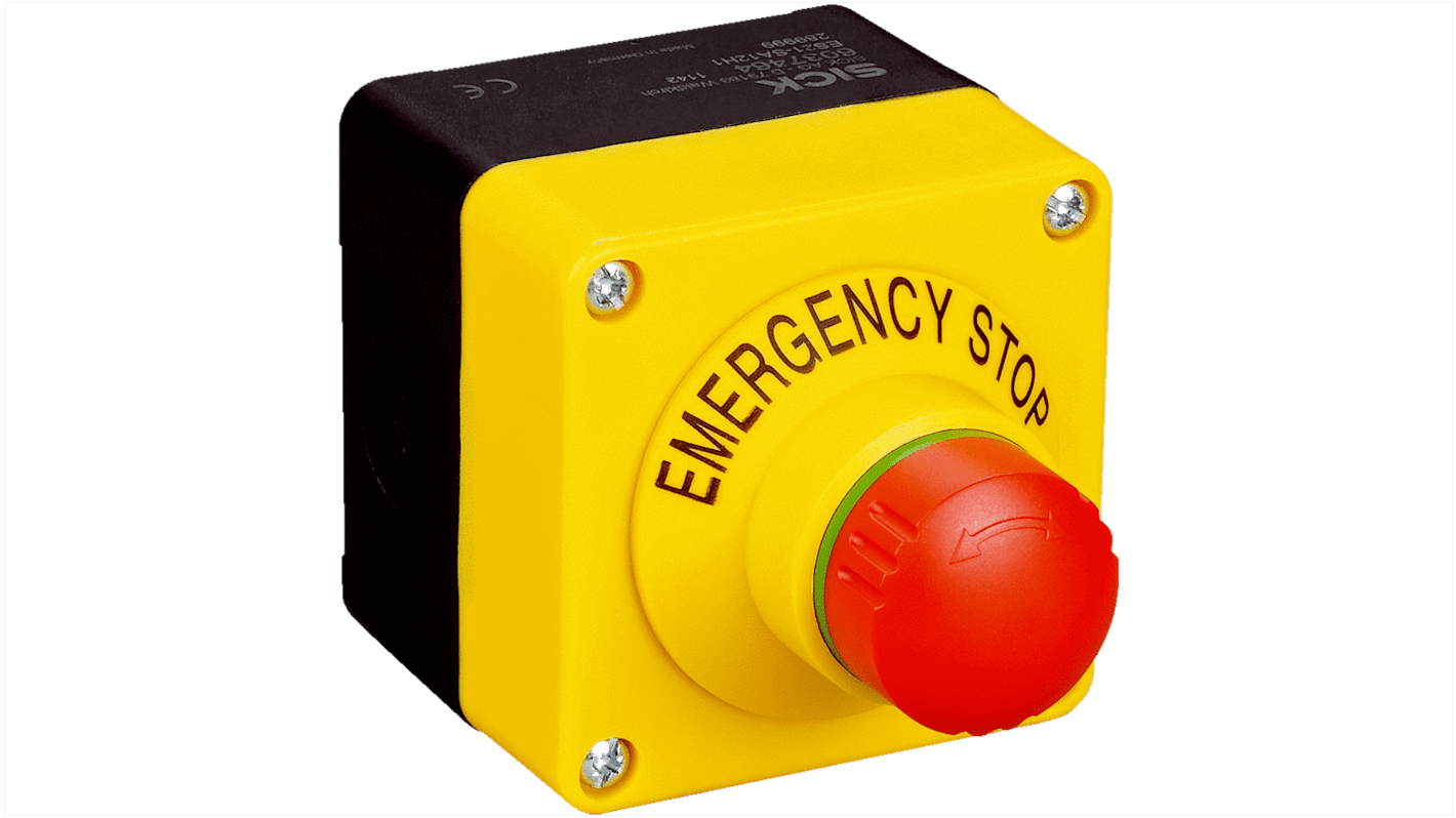 Pulsante di arresto di emergenza Sick ES21-SA13H1, rotondo, illuminato, montaggio superficiale, protezione IP54, 250V, 3A. Dimensioni: 41.5x31.4x61.5mm.