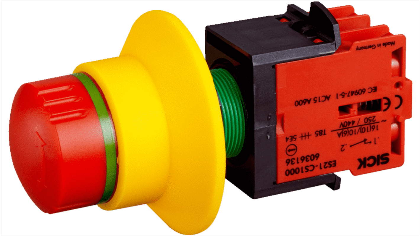 Pulsante di arresto di emergenza Sick ES21-SB10E1, rotondo, montaggio a pannello, IP65, 250V, 3A, colore rosso, dimensioni 40.6x58.1mm.