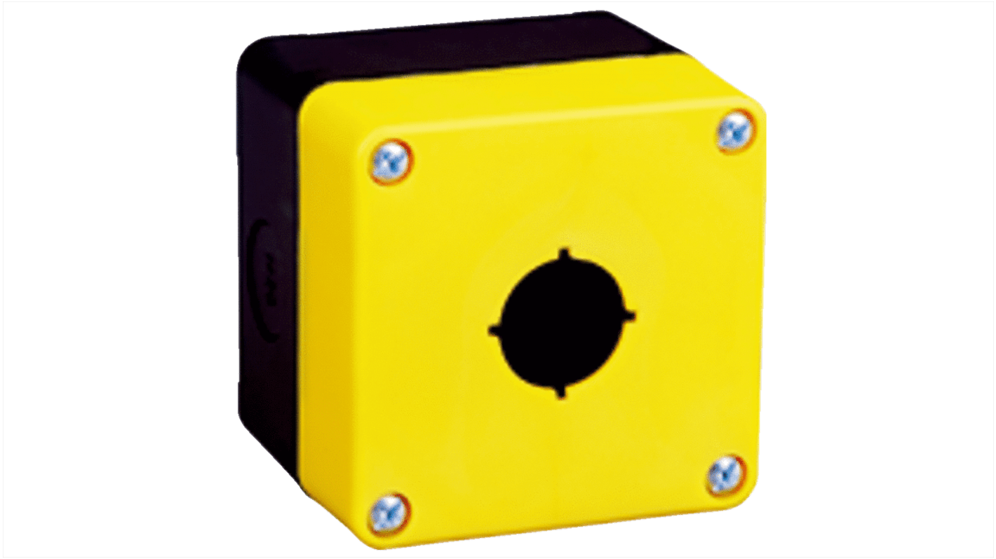 Contenitore Sick ES21-XS001, 1 foro, dimensioni 72 x 61 x 24.1 mm, disponibile in nero o giallo, per applicazioni industriali.