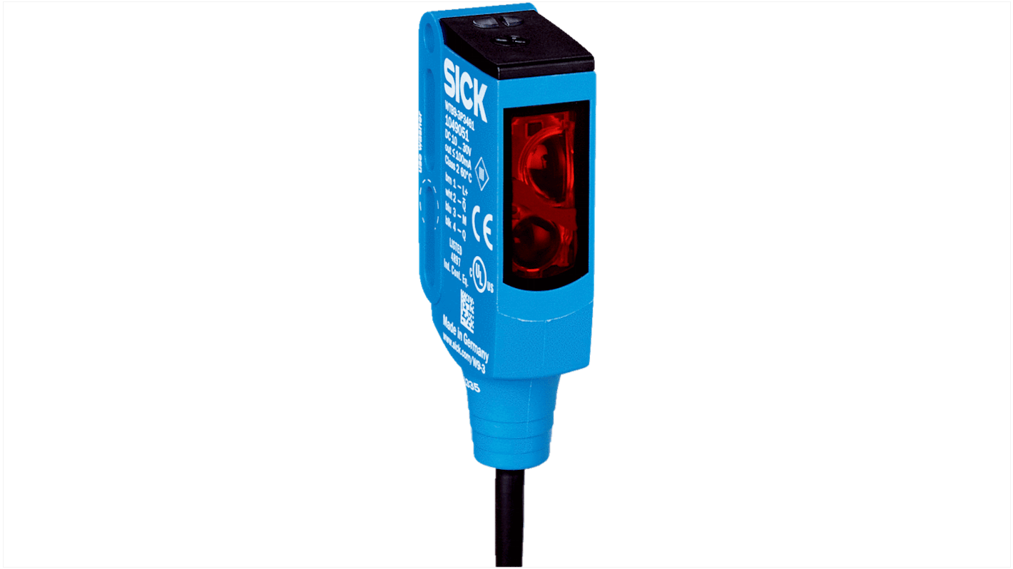 Sensore fotoelettrico rettangolare Sick WTF9-3P3011S05, PNP, gamma di rilevamento 600 mm, IP66/IP67, montaggio a pannello.