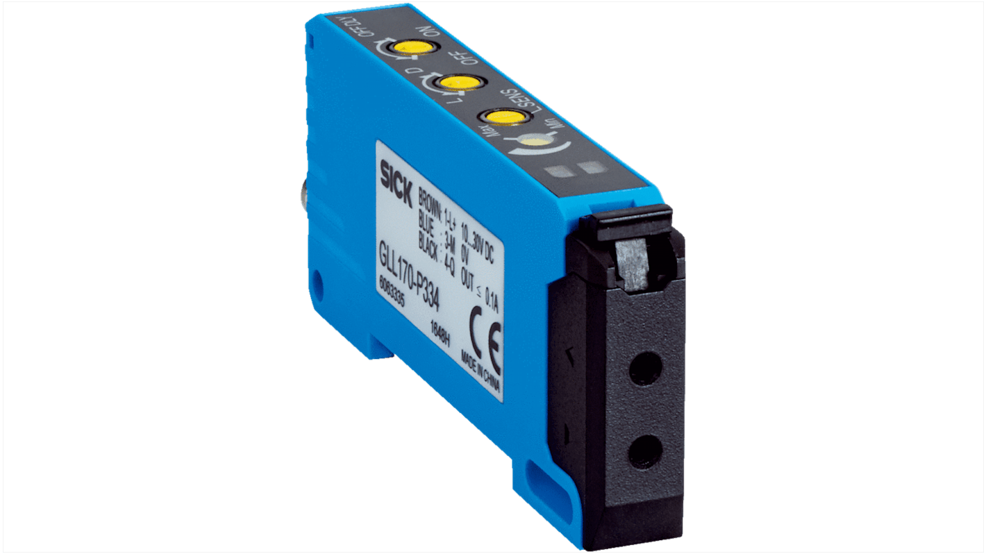Sensore per fibre ottiche Sick GLL170-N333, NPN, IP66, 10-30 V CC, 50 µs di risposta, montaggio su PCB, dimensioni 72,5 x 33,1 x 10 mm.