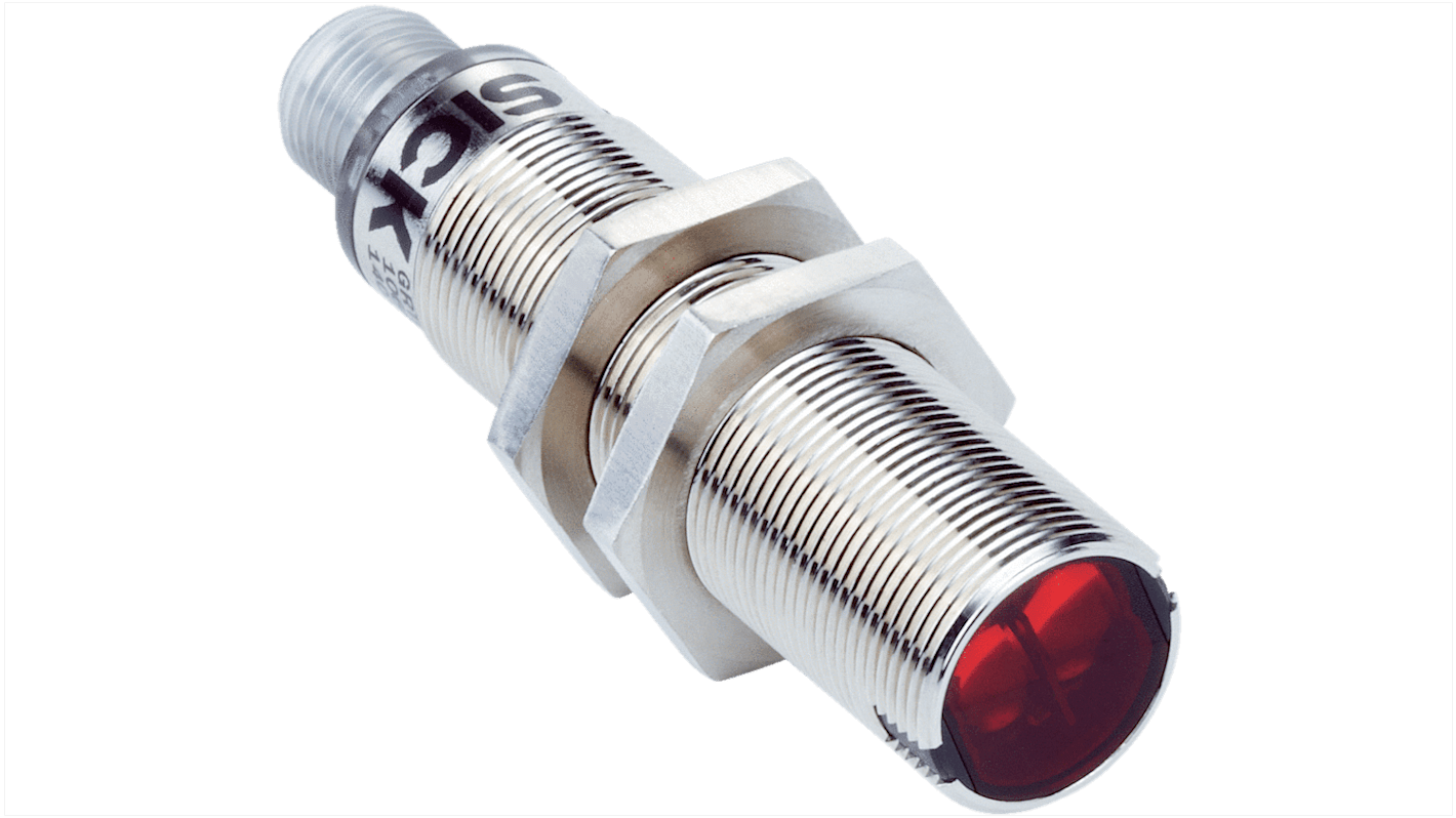 Sensore fotoelettrico cilindrico Sick GRL18-N2432 a retroriflessione, rilevamento fino a 7,2 m, con connettore M12, IP67.
