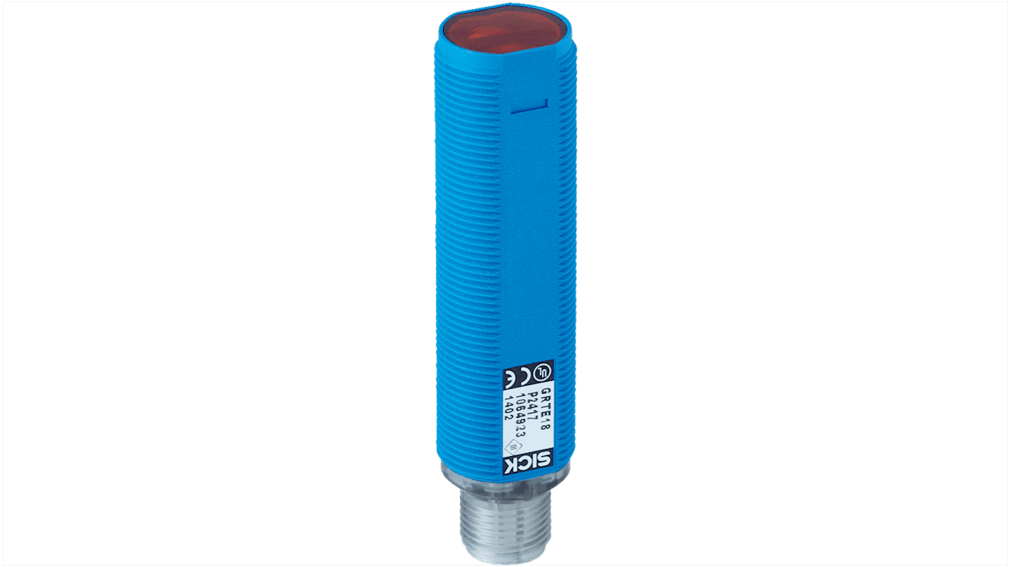 Sensore fotoelettrico cilindrico a retroriflessione Sick GRL18-N2437, rilevamento fino a 7,2 m, uscita NPN, IP67.