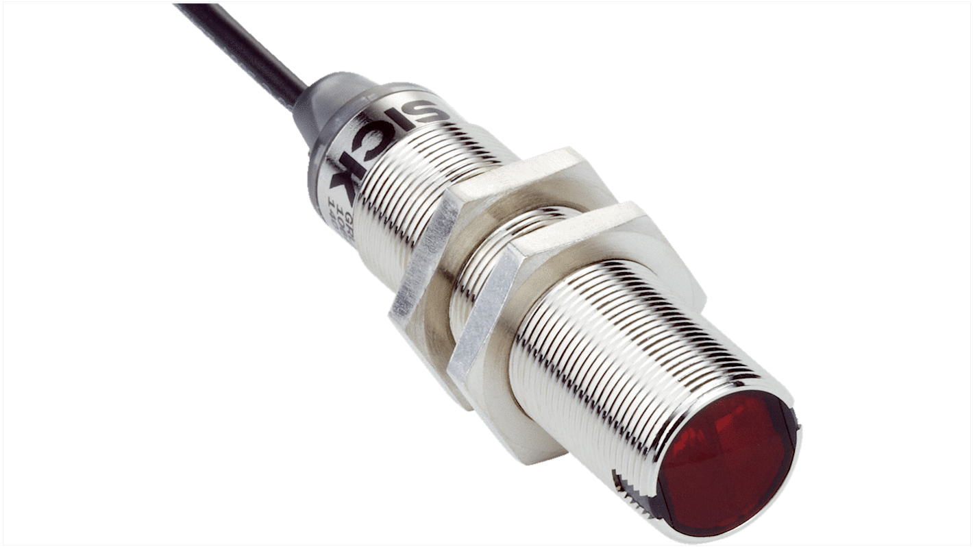 Sensore fotoelettrico cilindrico Sick GRSE18-N1142, rilevamento fino a 15 m, uscita NPN, grado di protezione IP67.