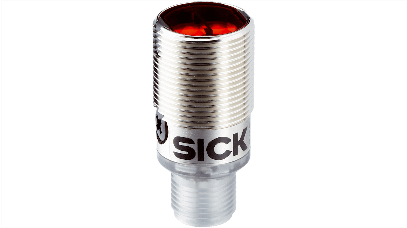 Sensore fotoelettrico cilindrico Sick GRTE18S-N1112, rilevamento 115 mm, uscita NPN, grado di protezione IP67.