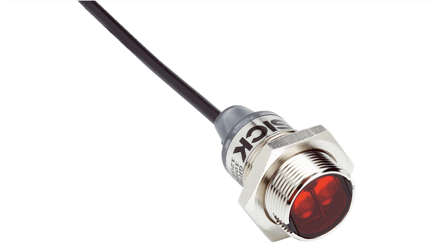 Sensore fotoelettrico cilindrico Sick GRTE18S-N1442, rilevamento 550 mm, uscita NPN, grado di protezione IP67, cavo 5 m.