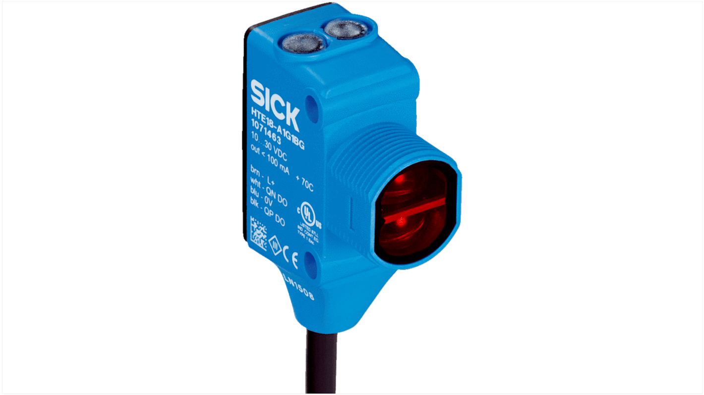 Sensore fotoelettrico rettangolare Sick HL18G-B4B3BP a retroriflessione, rilevamento fino a 3 m, montaggio a pannello, IP67.
