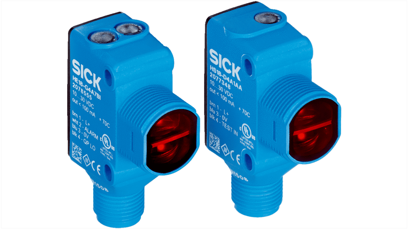 Sensore fotoelettrico rettangolare Sick HSE18-P4A1AA, rilevamento fino a 20 m, uscita PNP, montaggio a pannello, IP67.