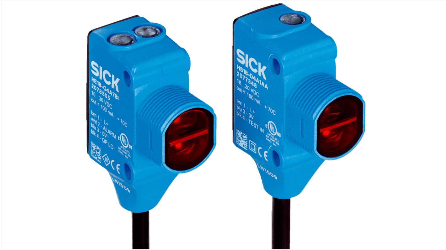 Sensore fotoelettrico rettangolare Sick HSE18-P4B1BA, portata 20 m, uscita PNP, grado di protezione IP67, connettore M12 a 4 pin.