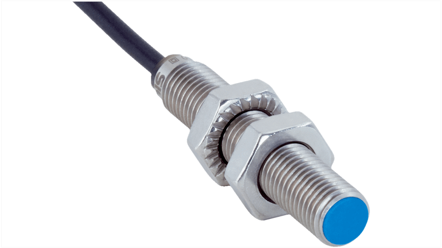 Sensore di prossimità induttivo cilindrico Sick IMB08-02BNSVU5S, M8, NPN, 2 mm, IP68/IP69K, montaggio a filo.