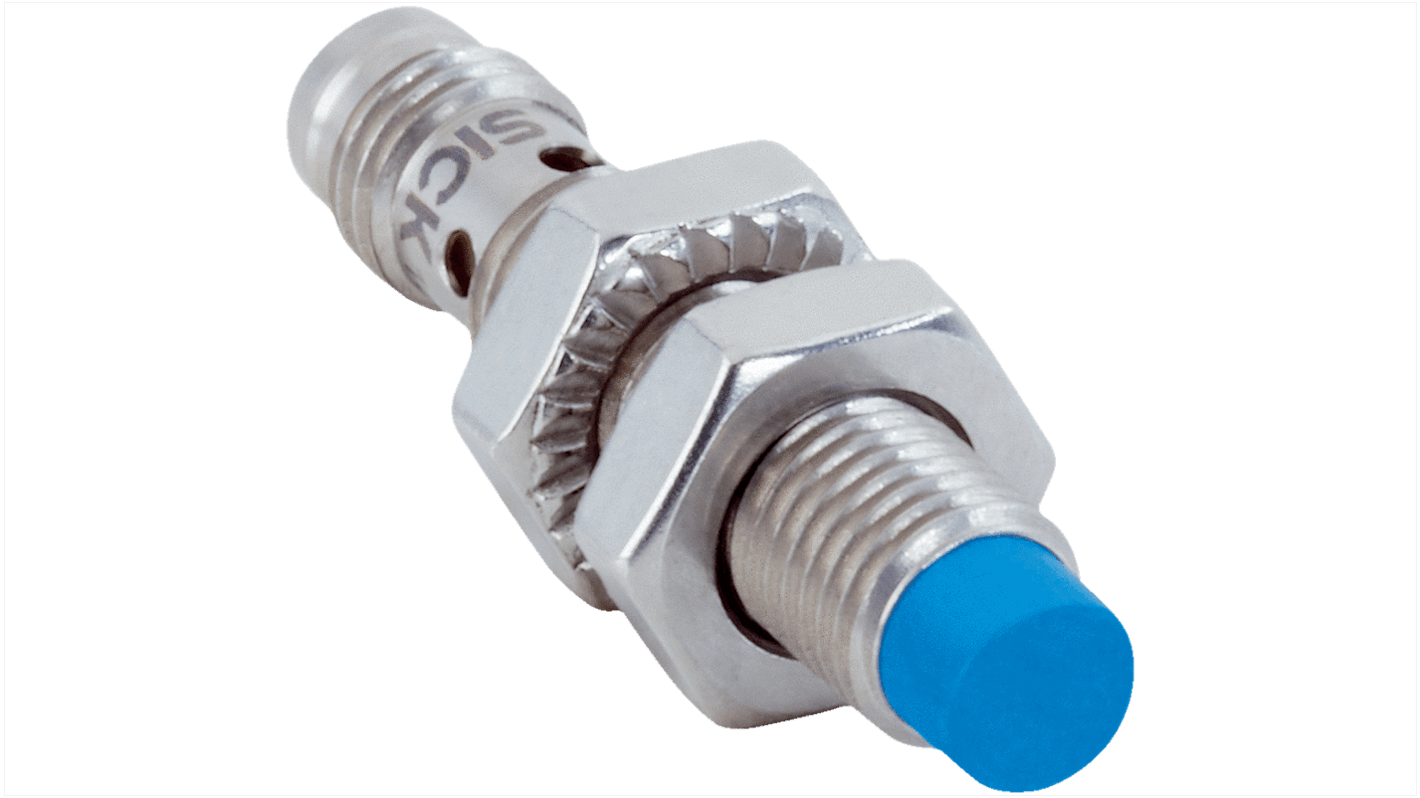 Sensore di prossimità induttivo cilindrico Sick IMB08-04NNSVT0K, uscita NPN, gamma di rilevamento 4 mm, corpo in acciaio inox, grado di protezione IP68/IP69K.
