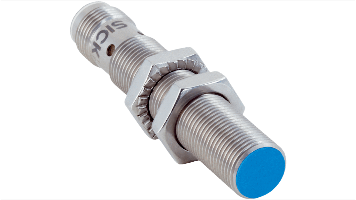 Sensore di prossimità induttivo cilindrico Sick IMB12-04BPSVC0SX01, PNP, M12, rilevamento 4 mm, IP67, acciaio inox, montaggio a filo.