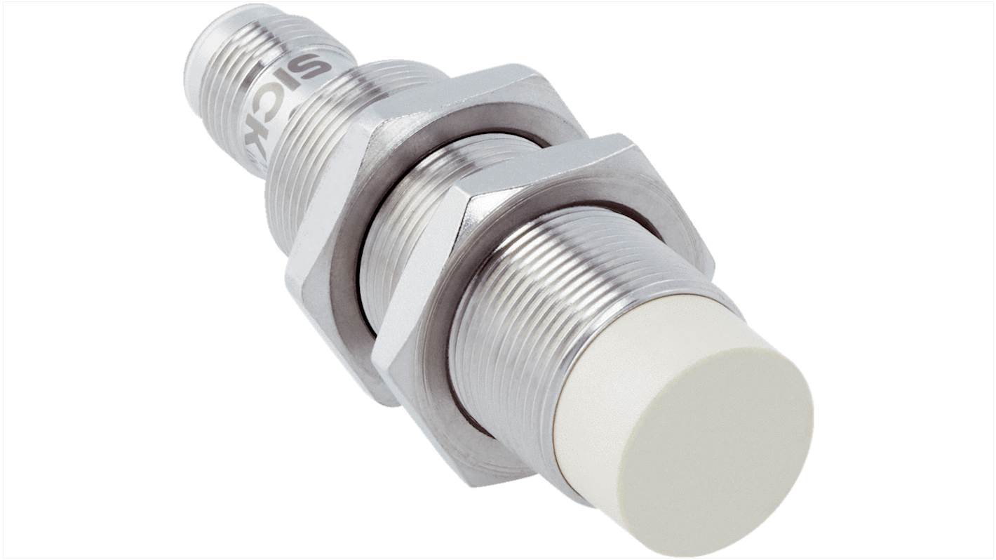 Sensore di prossimità induttivo cilindrico Sick IMF18-12NPSNC0SX02, PNP, M18, rilevamento 12 mm, IP67, acciaio inox, connettore M12.
