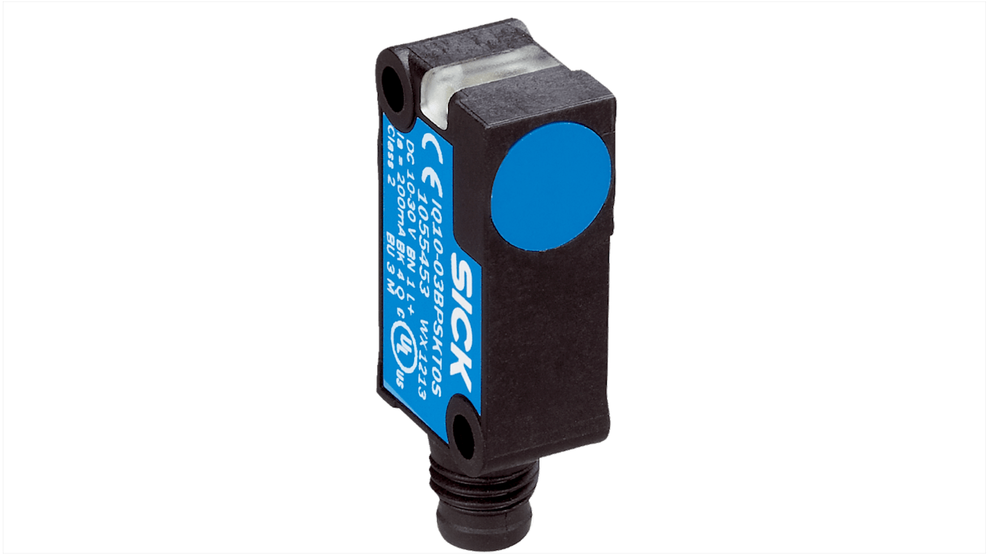 Sensore di prossimità induttivo rettangolare Sick IQ10-03PBSKU4SS16, PNP, 3 mm di rilevamento, IP68, 10-30 V CC. Dimensioni 10x16x28 mm.