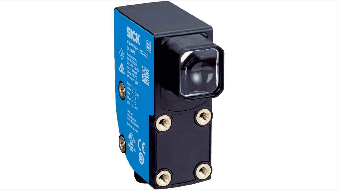 Sensore di contrasto Sick KTX-WP91341242ZZZZ, LED RGB, rilevamento 40 mm, montaggio su circuito stampato, grado di protezione IP67.