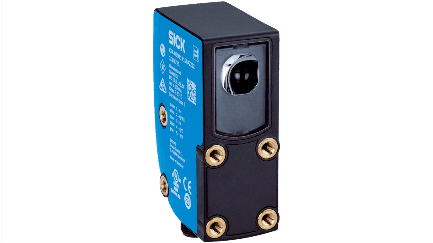 Sensore di contrasto Sick KTX-WP9GA4124IZZZ, LED RGB, rilevamento 200 mm, montaggio su circuito stampato, IP67.