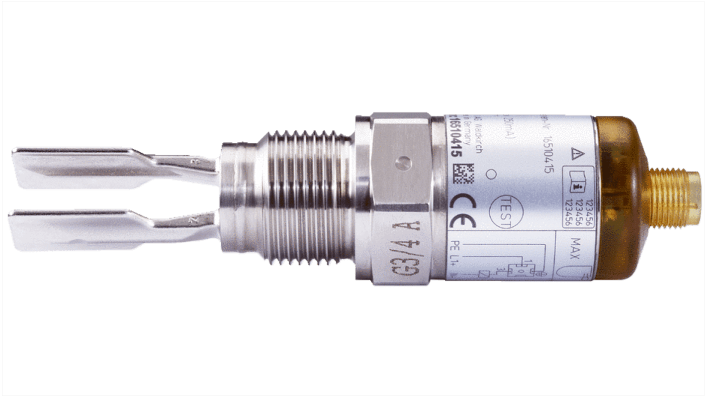 Sensore di livello Sick LFV200-XXTGATPML, montaggio filettato M12, PNP, corpo in acciaio inox, lunghezza cavo 67mm, temperatura -40/+100°C.