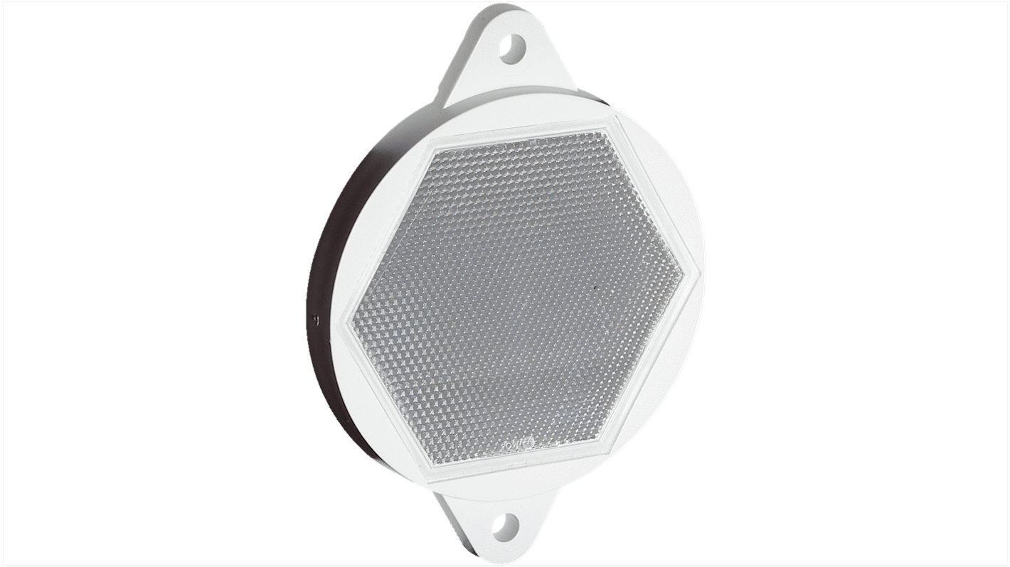 Riflettore triplo Sick P55F per sensori laser, diametro 63 mm, montaggio autoadesivo, operante da -30 a +65 °C.