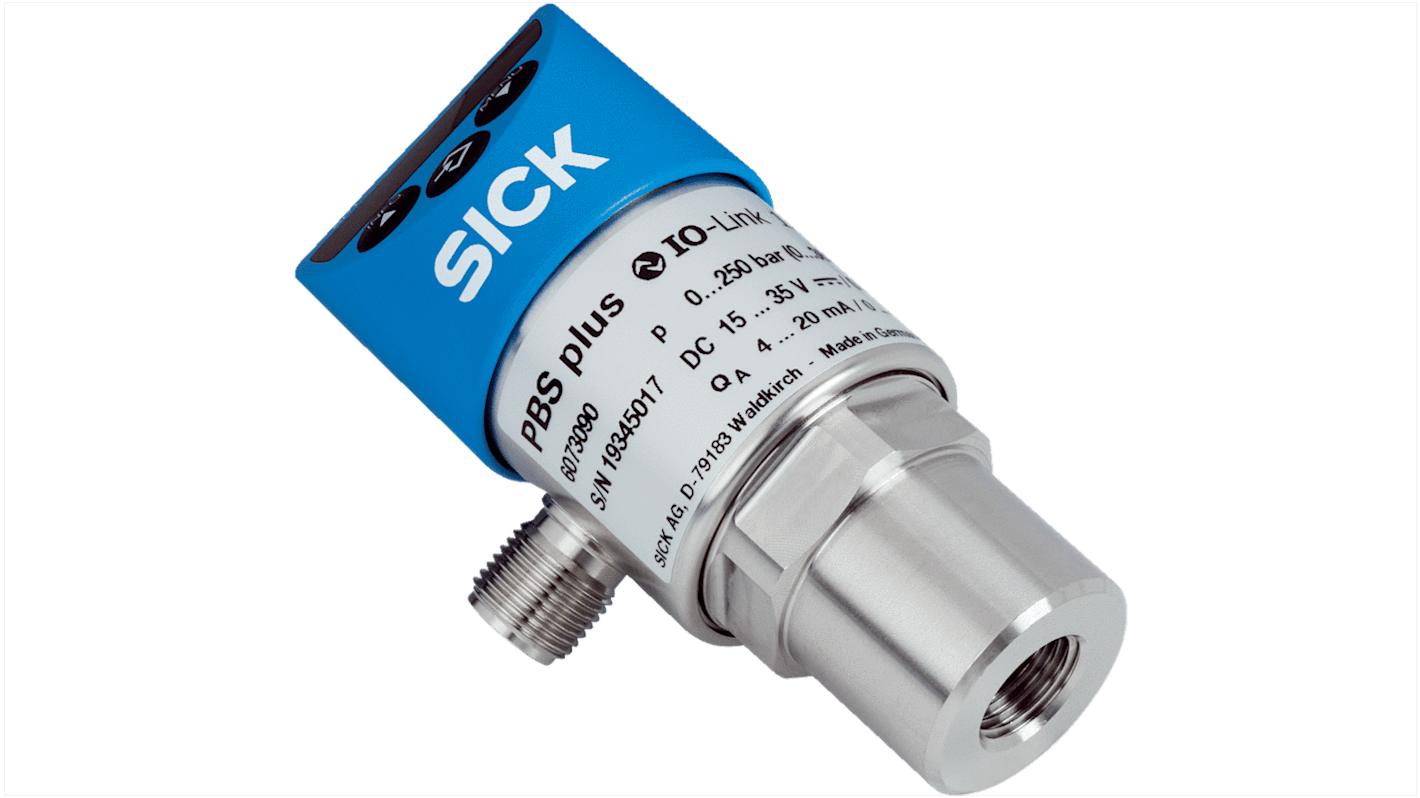 Sensore di pressione Sick PBS2-RB6X0SG2SS0NMA0Z, massimo 6 bar, uscita IO-Link, custodia in acciaio inox, IP67.