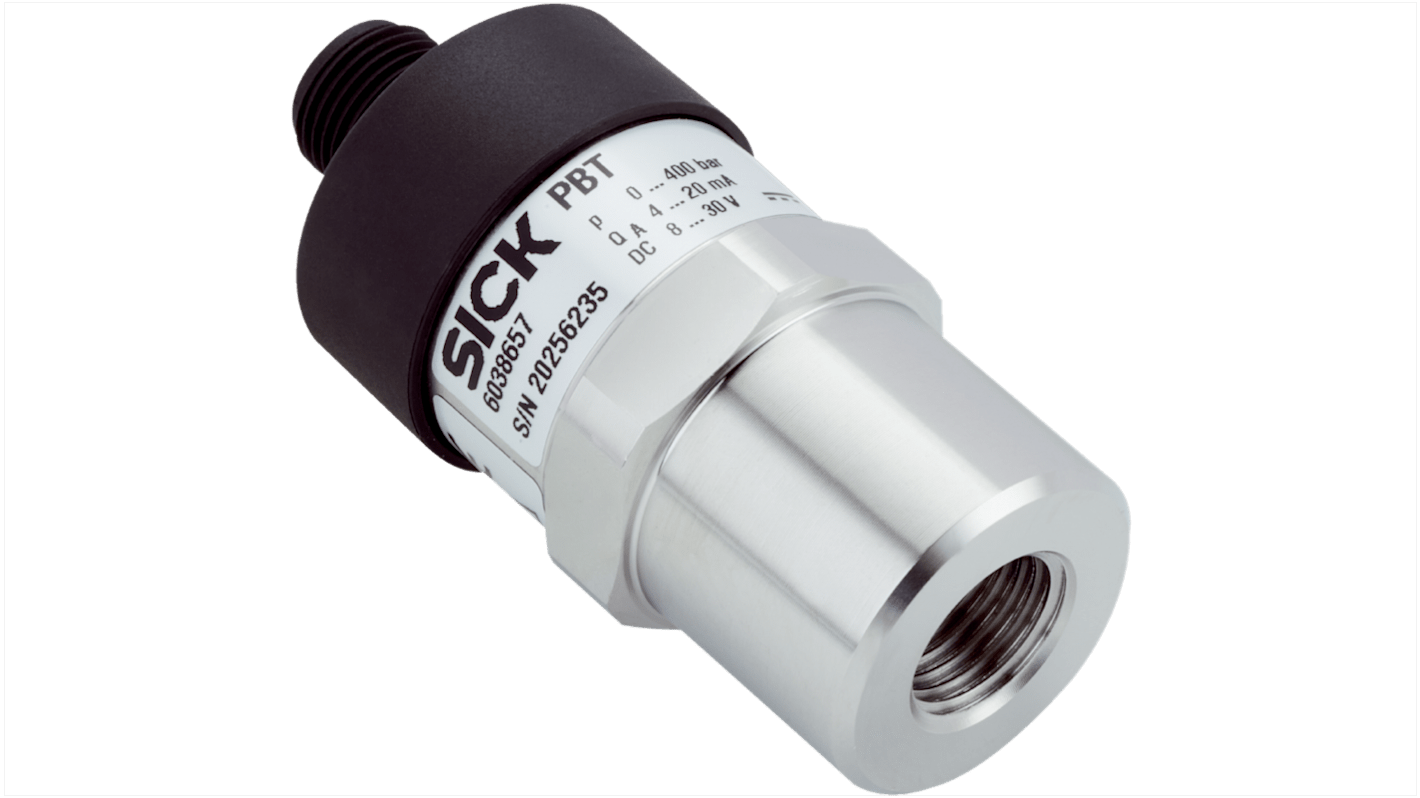 Sensore di pressione relativa Sick PBT-RB400SG2SS0AMA0Z, 400 bar, uscita 4-20 mA, custodia in acciaio inox, IP67.