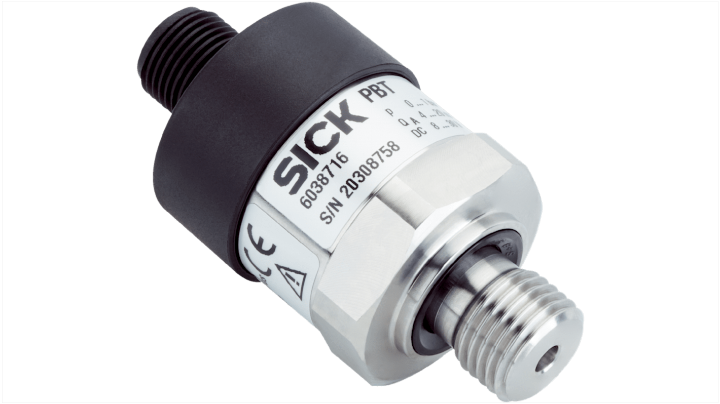 Sensore di pressione relativa Sick PBT-RBX10SG1SSFAMA0Z, massimo 0.1 bar, uscita 4-20 mA, custodia in acciaio inox, IP67.