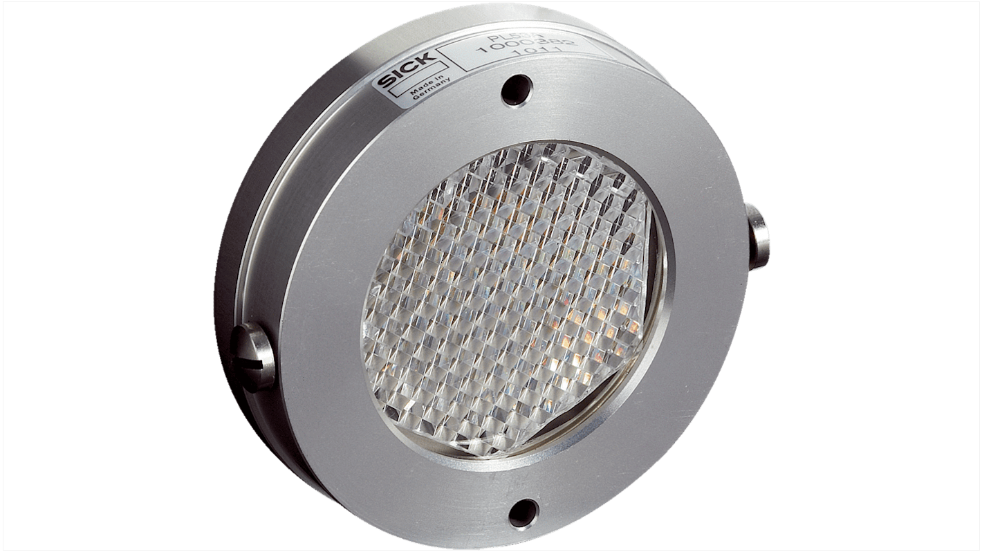 Riflettore Sick PL53A, diametro 80 mm, area riflettente 50 mm, montaggio a telaio, resistente a solventi e temperature da -20 a +65 °C.