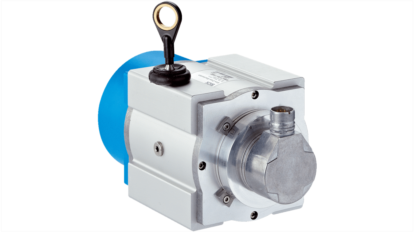 Encoder a filo Sick PRF13-E1AM1020, lunghezza fino a 60 m, tecnologia incrementale, montaggio a flangia, dimensioni 130x130x247 mm.