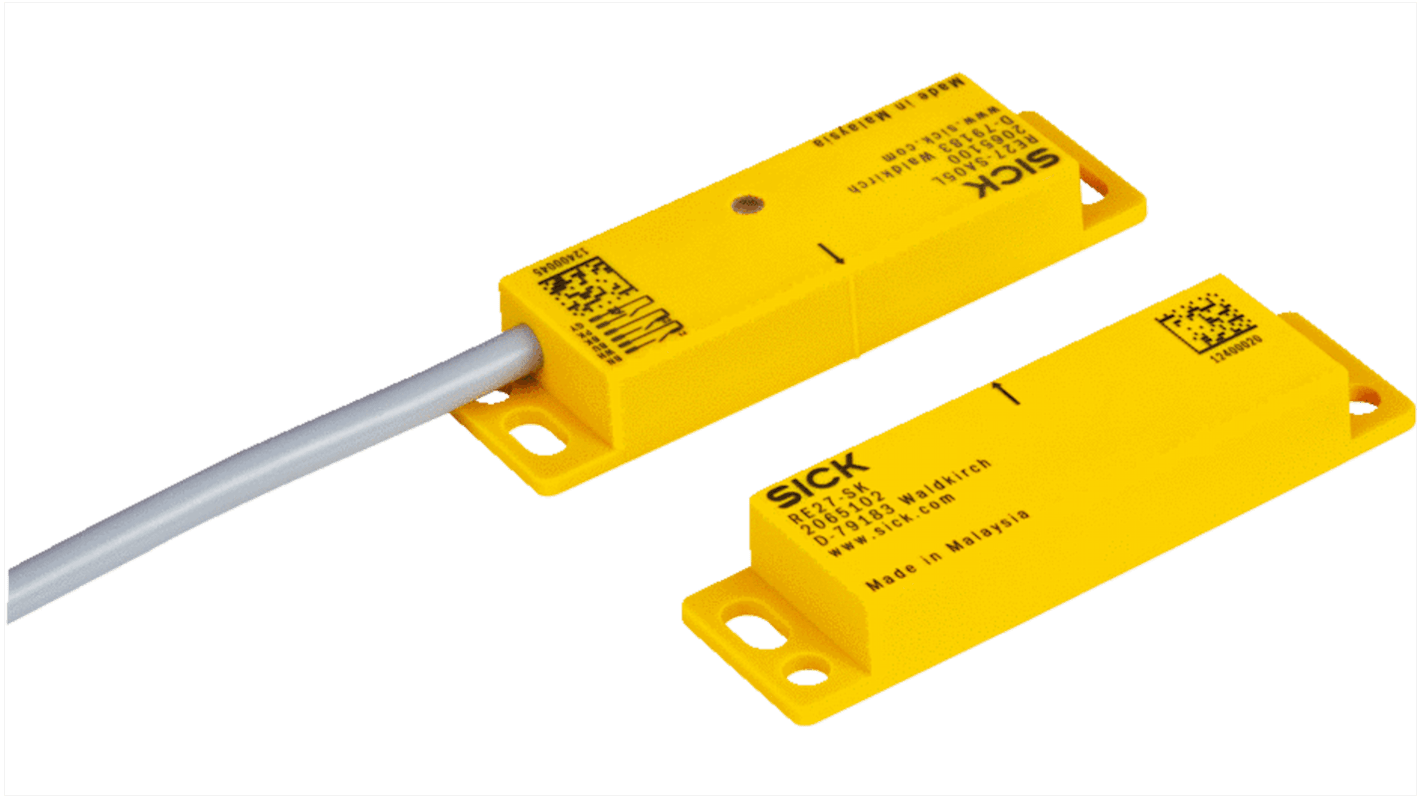 Interruttore di sicurezza Sick RE27-SA20L, IP67, contatti NC/NO, dimensioni 25 x 88 x 13 mm, temperatura operativa -30/+60 gradi.