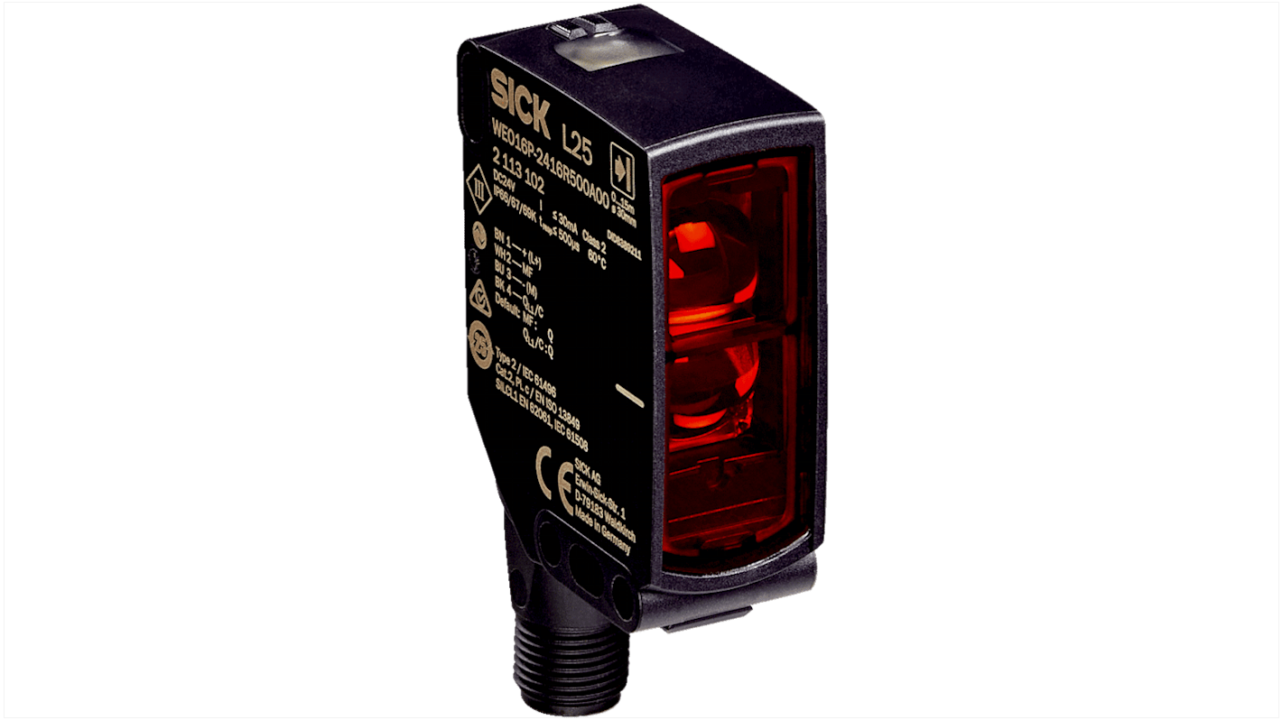 Barriera fotoelettrica Sick WEO16I-2416R500A00ZLLZZZZZZZZ1, 20 m di rilevamento, IP66/IP67/IP69K, dimensioni 20 x 42 x 55,4 mm.