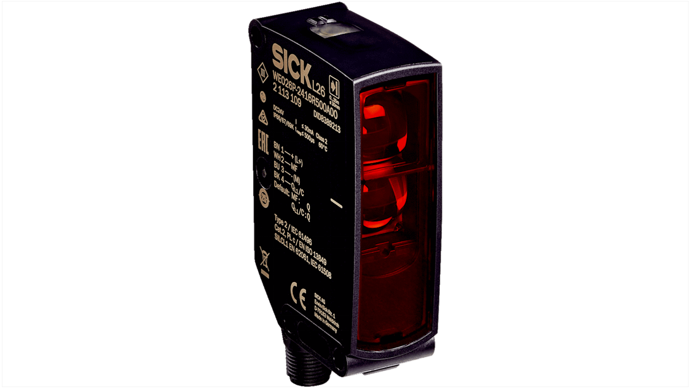 Barriera fotoelettrica Sick WEO26I-2416R500A00ZLLZZZZZZZZ1, raggio singolo, 24 V c.c., rilevamento fino a 50 m, IP66/IP67/IP69K, dimensioni 26,4 x 48,1 x 82,2 mm.