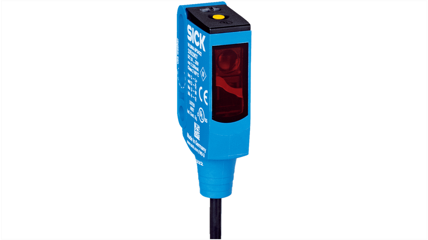Sensore fotoelettrico rettangolare Sick WL9M4G-3P1132 a retroriflessione, rilevamento fino a 5 m, montaggio a pannello, IP66/IP67.