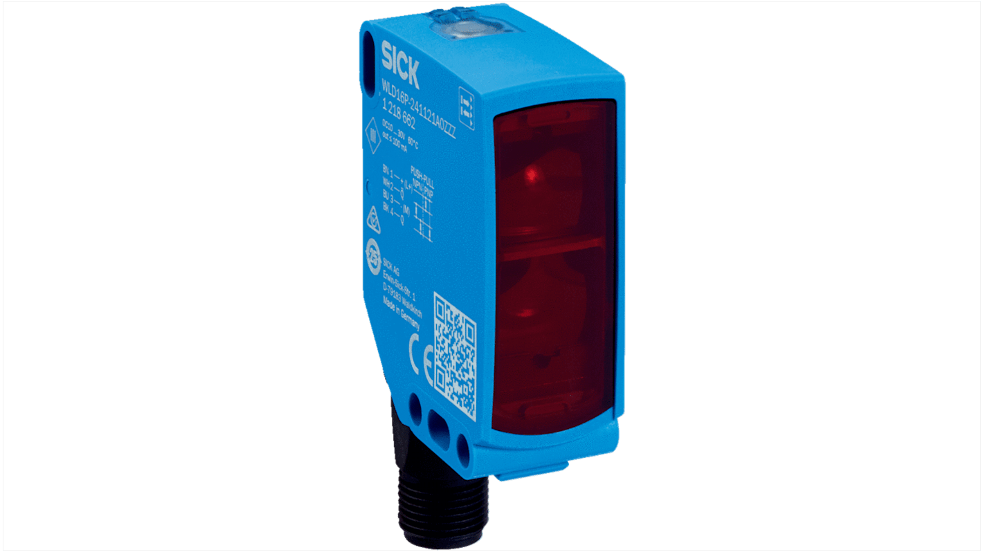 Sensore fotoelettrico rettangolare Sick WLD16P-241125A0ZZZ, rilevamento fino a 9,5 m, uscita PNP/NPN, montaggio a pannello. Grado di protezione IP66/IP67.