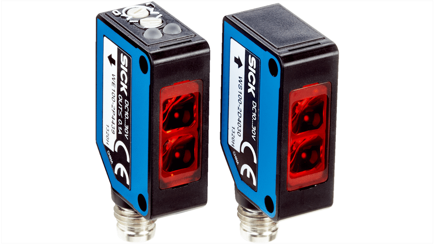 Sensore fotoelettrico rettangolare Sick WS/WE100-2N4439, rilevamento fino a 33 m, uscita NPN, montaggio a pannello, IP67.
