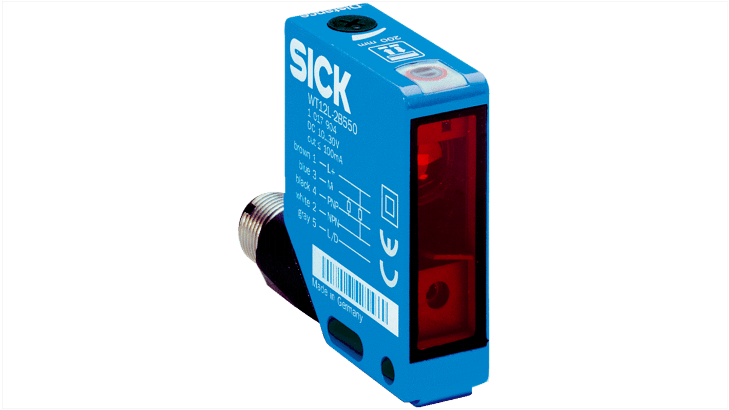 Sensore fotoelettrico rettangolare Sick WT12L-2B540A01, con soppressione di sfondo, gamma di rilevamento 200 mm, connettore M12.