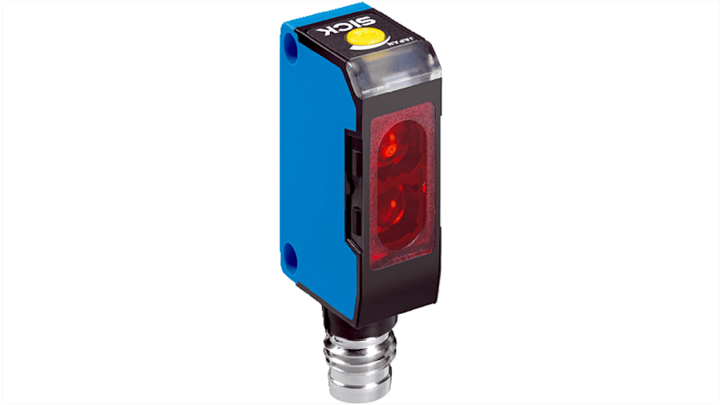 Sensore fotoelettrico rettangolare Sick WT150-P460S05, con soppressione di sfondo, IP67, montaggio a pannello, gamma di rilevamento 100 mm.