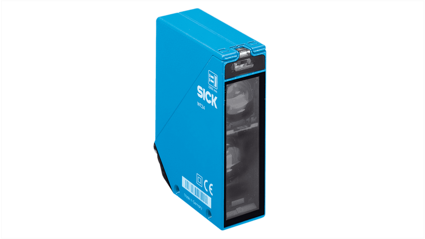 Sensore fotoelettrico rettangolare Sick WT24-2R240, con soppressione di sfondo, gamma di rilevamento 1200 mm, grado di protezione IP67.
