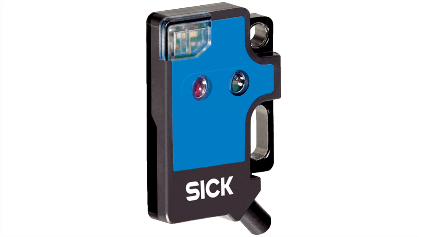 Sensore fotoelettrico rettangolare Sick WT2F-N180, rilevamento 115 mm, uscita NPN, montaggio a pannello, grado di protezione IP67.